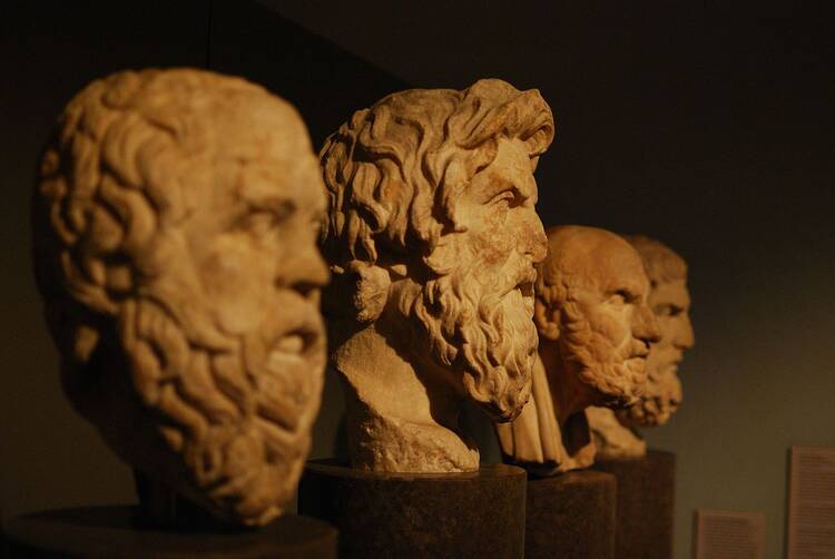 The carved busts of Socrates, Antisthenes, Chrysippus, and Epicurus. (Flickr photo/Matt Neale)