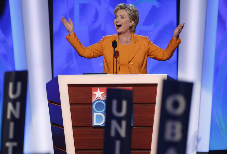 Photo of Hillary Clinton at the 2008 Democratic national convention from Catholic News Service.