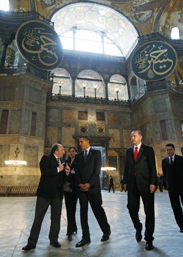 U.S. President Barack Obama and Turkey's Prime Minister Recep Tayyip Erdogan, second from right, visit Hagia Sophia in Istanbul, Turkey
