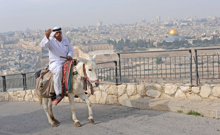 A Palestinian man rides a donkey on the Mount of Olives overlooking the old City of Jerusalem. (CNS photo/Debbie Hill)