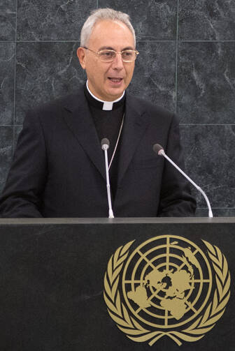 Archbishop Mamberti, Vatican secretary for relations with states, addresses U.N. General Assembly in New York. (CNS photo/Adrees Latif, Reuters) 