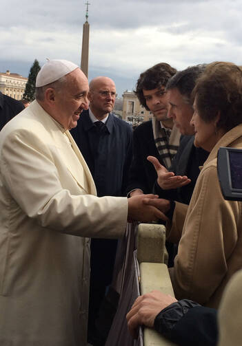 Pope Francis meets Philomena Lee and actor Coogan during weekly audience at Vatican. (CNS photo/The Philomena Project handout via Reuters) 