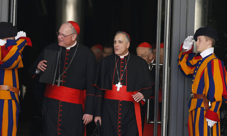 Swiss Guards salute as Cardinals Timothy M. Dolan of New York and Daniel N. DiNardo of Galveston-Houston leave a meeting of cardinals with Pope Francis in the synod hall at the Vatican Feb. 21, 2014. (CNS photo/Paul Haring) 