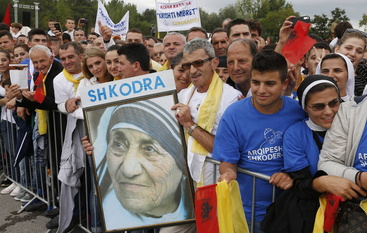 Crowds await the arrival of Pope Francis for his Mass in Mother Teresa Square in Tirana, Albania, Sept. 21. (CNS photo/Paul Haring)