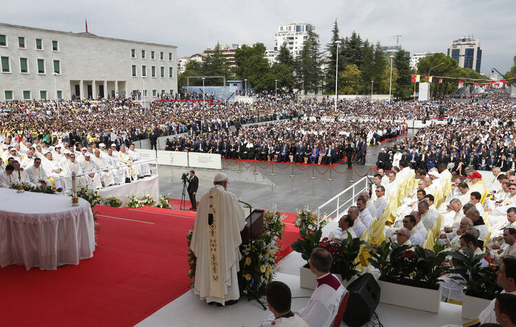 Pope Francis celebrates Mass in Mother Teresa Square in Tirana, Albania, Sept. 21. (CNS photo/Paul Haring)