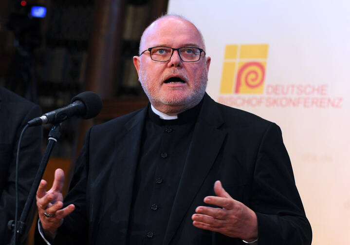Cardinal Reinhard Marx, president of the German bishops' conference, delivers an opening statement during a general meeting in Fulda, Germany, Sept. 22. (CNS photo/Uwe Zucchi, EPA)