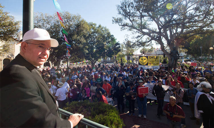 Los Angeles Archbishop Jose H. Gomez stands before participants at the OneLife LA rally in Los Angeles in January.