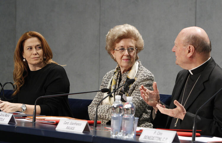 Cardinal Gianfranco Ravasi, president of the Pontifical Council for Culture, speaks as Monica Maggioni and Anna Maria Tarantola look on during a press conference at the Vatican Feb. 2. (CNS photo/Paul Haring)