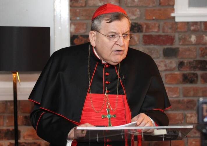 U.S. Cardinal Raymond L. Burke, patron of the Knights of Malta, gives a speech on marriage in Chester, England, on March 6. (CNS photo/Simon Caldwell)