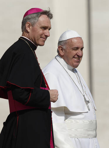 Archbishop Ganswein and Pope Francis pictured during general audience in St. Peter's Square