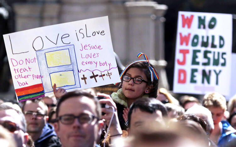 Demonstrators rally at Monument Circle in Indianapolis March 28 to protest a religious freedom bill signed in to law by Indiana Gov. Mike Pence. (CNS photo/Nate Chute, Reuters) 