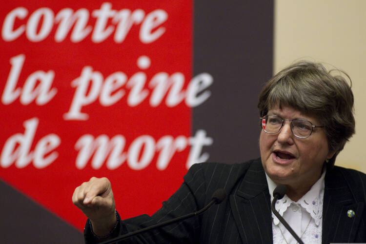 Sister Helen Prejean, a Sister of St. Joseph of Medaille, and an advocate for the abolition of the death penalty, is pictured in a 2010 photo in Geneva. (CNS photo/Salvatore Di Nolfi, EPA)