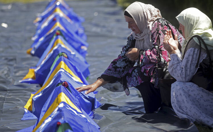 Thousands of Bosnians attended the funeral for 10 Muslims who were killed by Serb forces at the beginning of the country's 1992-95 war. Their remains were later found and identified in mass graves.