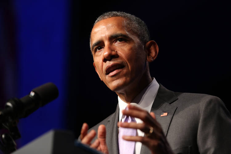 U.S. President Barack Obama speaks June 9 during the Catholic Health Association's annual assembly in Washington. (CNS photo/Bob Roller)