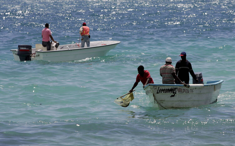 Pope Francis' upcoming encyclical on the environment calls for "better stewards of creation." In 2008 environmental workers collected sea samples after an oil spill at Boca Chica, Dominican Republic. (CNS photo/Orlando Barria, EPA)