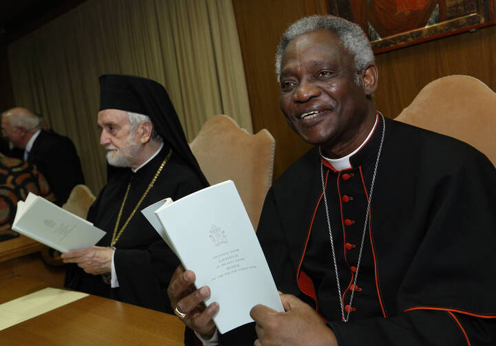Cardinal Peter Turkson and Orthodox Metropolitan John of Pergamon holds copies of Pope Francis' encyclical on environment before news conference at Vatican.