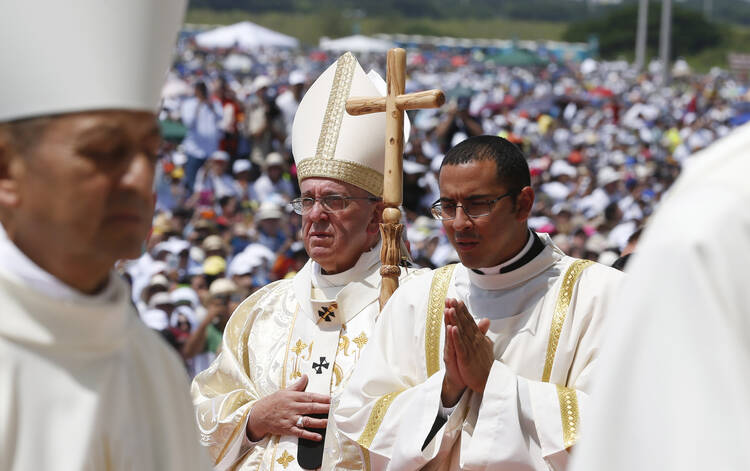 Pope Francis arrives to celebrate Mass in Los Samanes Park in Guayaquil, Ecuador, July 6. (CNS photo/Paul Haring)