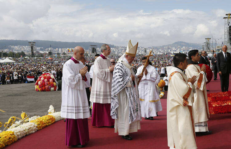 Pope Francis celebrates Mass in Bicentennial Park in Quito, Ecuador, July 7. (CNS photo/Paul Haring) 