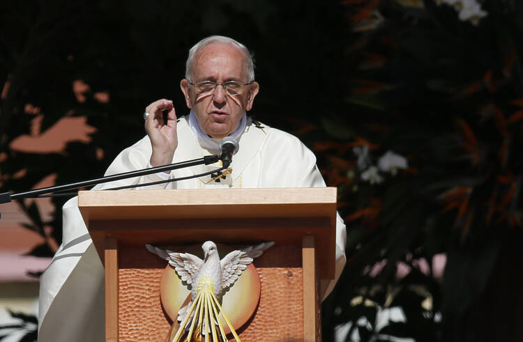 Pope Francis gives the homily as he celebrates Mass in Bicentennial Park in Quito, Ecuador, July 7. (CNS photo/Paul Haring) 