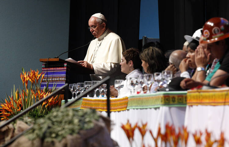 Pope Francis speaks at the second World Meeting of Popular Movements in Santa Cruz, Bolivia, July 9. (CNS photo/Paul Haring)