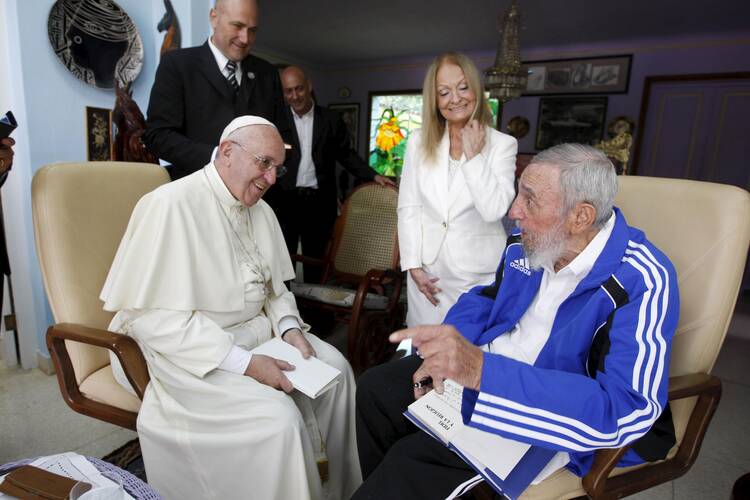 The late former Cuban President Fidel Castro talks with Pope Francis as Castro's wife, Dalia Soto del Valle, looks on in Havana in September 2015. (CNS photo/Alex Castro, AIN handout via Reuters)