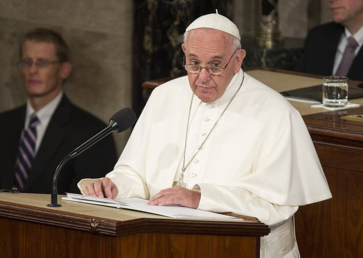 Pope Francis addresses a joint meeting of the U.S. Congress in the House Chamber on Capitol Hill in Washington Sept. 24. (CNS photo/Joshua Roberts) 