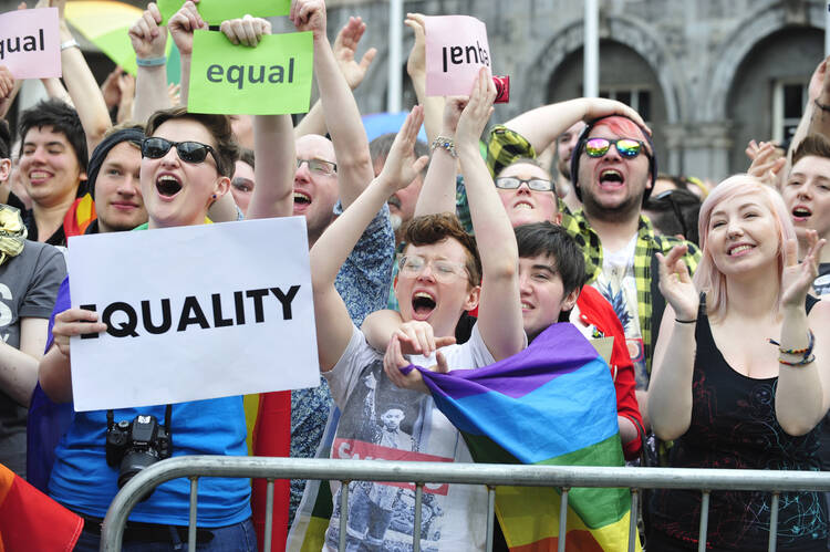 Supporters of same-sex marriage in Ireland react to their victory in a May 23, 2015, national referendum. (CNS photo/Aidan Crawley, EPA) 