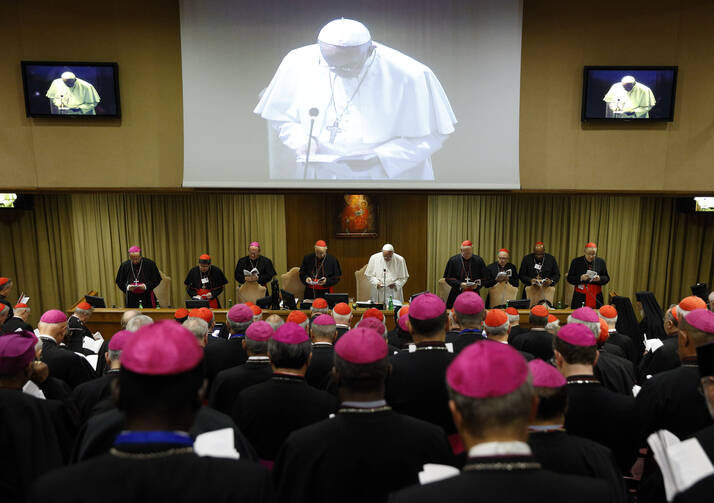 Pope Francis presides at a session of the Synod of Bishops on the family at the Vatican Oct. 15. (CNS photo/Paul Haring)