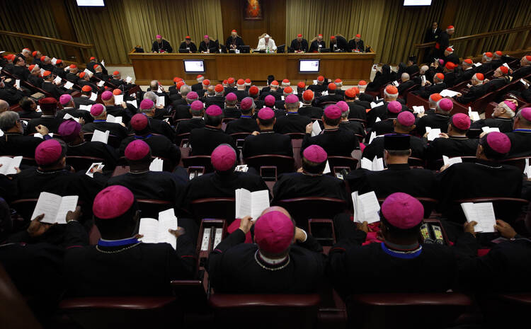 Pope Francis presides at a session of the Synod of Bishops on the family at the Vatican Oct. 15. (CNS photo/Paul Haring)