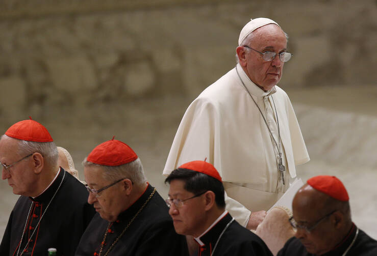 Pope Francis prepares to speak at event marking 50th anniversary of Synod of Bishops at Vatican