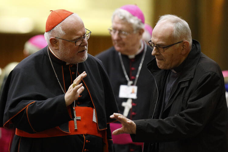  Cardinal Reinhard Marx of Munich-Freising, president of the German bishops' conference, talks with an unidentified delegate as they leave the final session of the Synod of Bishops on the family at the Vatican Oct. 24. (CNS photo/Paul Haring) 