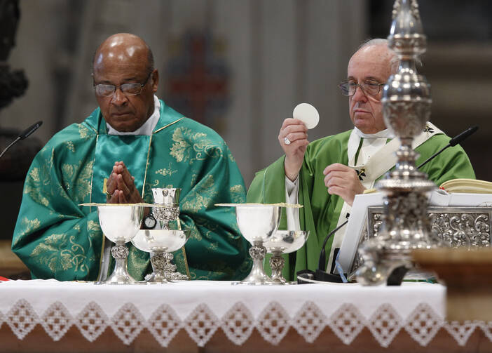 Pope Francis celebrates the Eucharist during the closing Mass of the Synod of Bishops on the family in St. Peter's Basilica at the Vatican Oct. 25. Concelebrating is Cardinal Wilfrid Napier of Durban, South Africa. (CNS photo/Paul Haring) 