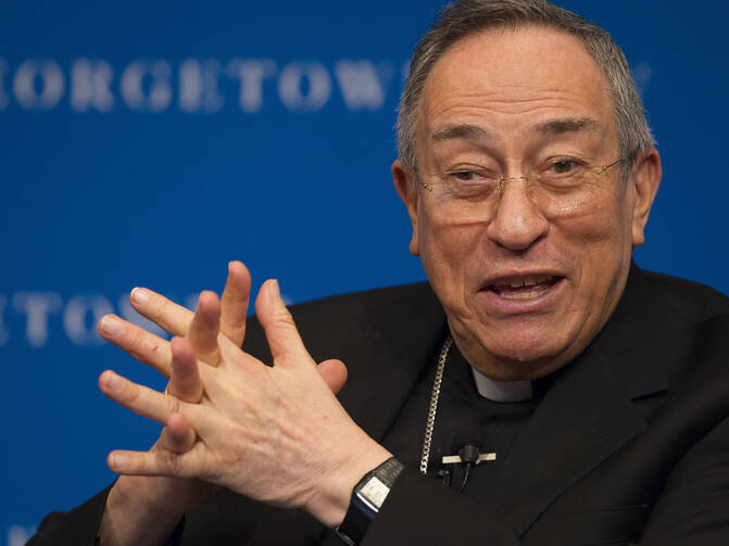 Cardinal Oscar Rodriguez Maradiaga of Tegucigalpa, Honduras, speaks about Pope Francis' environmental encyclical on the planet and the poor at Georgetown University Law Center in Washington Nov. 2. (CNS photo/Tyler Orsburn) 
