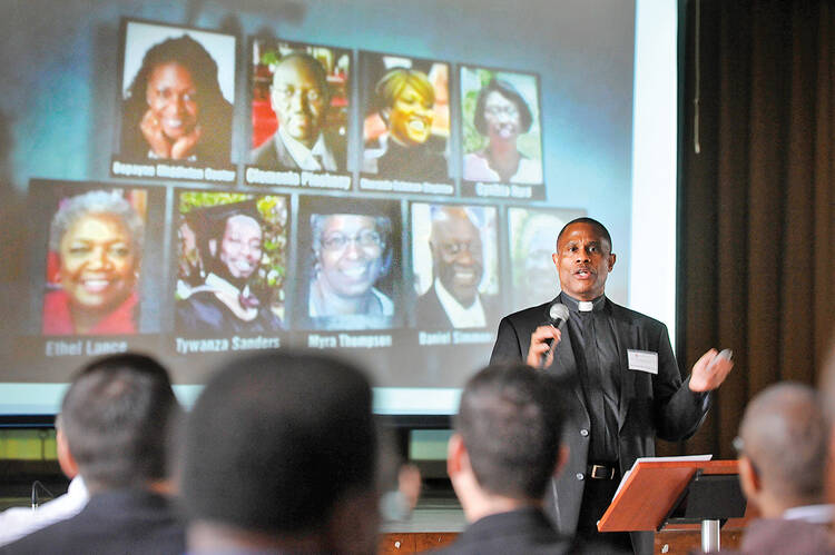 Father Bryan Massingale, author of "Racial Justice and the Catholic Church" and a professor of ethics and theology at Marquette University, speaks during a Nov. 6 gathering at the Archdiocese of New Orleans. (CNS photo/Peter Finney Jr., Clarion Herald)