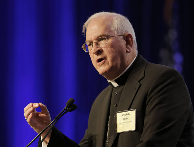 Archbishop Joseph E. Kurtz of Louisville, Ky., president of the U.S. Conference of Catholic Bishops, gives his address Nov. 16 during the bishops 2015 fall general assembly in Baltimore.