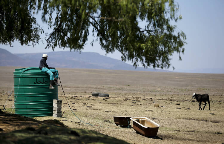 A farmworker sits on a water tank Nov. 9 as he supplies his livestock with water at a drought-stricken farm outside Utrecht, South Africa. (CNS photo/Siphiwe Sibeko, Reuters)