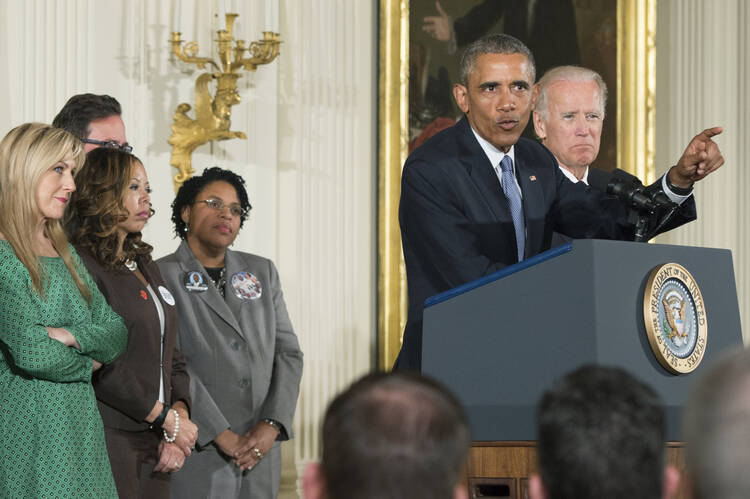 President Barack Obama announces executive actions to reduce gun violence as he meets with reporters in the East Room of the White House in Washington, Jan. 5. (CNS photo/Michael Reynolds, EPA)