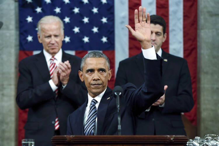 U.S. President Barack Obama waves at the conclusion of his final State of the Union address to a joint session of Congress in Washington on January 12, 2016. (CNS photo/Evan Vucci, Pool via Reuters)