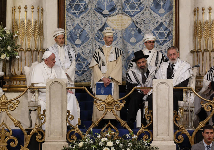 Pope Francis visits the main synagogue in Rome Jan. 17. Also seated is Rabbi Riccardo Di Segni, the chief rabbi of Rome, right. (CNS photo/Paul Haring) 