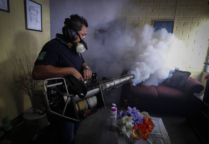A worker of the Salvadoran Ministry of Health fumigates a house Jan. 21 near San Salvador. Salvadoran authorities began the fumigation process to reduce the presence of the mosquito that transmits the Zika virus. (CNS photo/Oscar Rivera, EPA)
