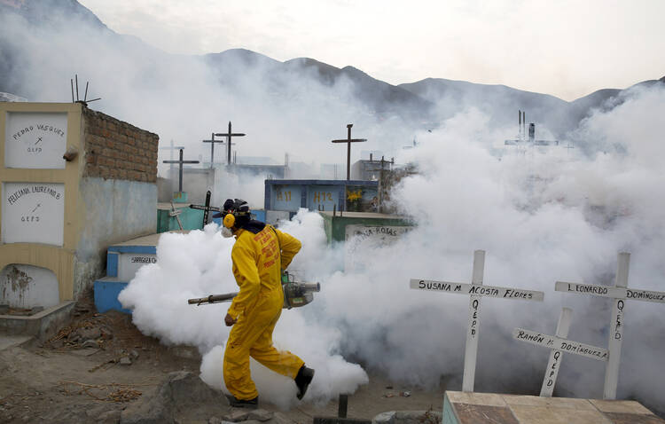 A health worker carries out fumigation as part of preventive measures against the Zika virus and other mosquito-born diseases at a cemetery on the outskirts of Lima, Peru. (CNS photo/Mariana Bazo, Reuters)