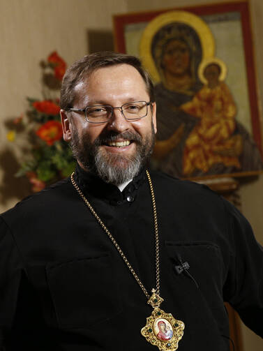 Archbishop Sviatoslav Shevchuk of Kiev-Halych, major archbishop of the Ukrainian Catholic Church, is pictured during an interview in Rome Feb. 23. (CNS photo/Paul Haring)