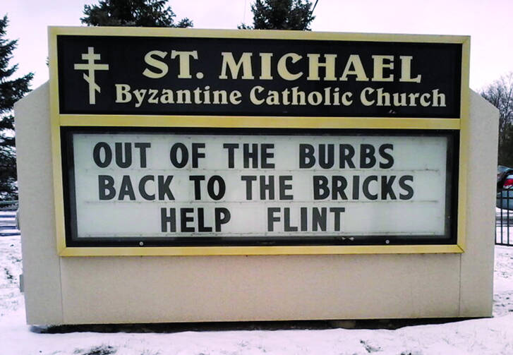 The marquee in front of St. Michael Byzantine Catholic Church in Flushing, Mich., reminds passers-by of the needs of the people of Flint, Mich. (CNS photo/courtesy St. Michael Byzantine Catholic Parish)