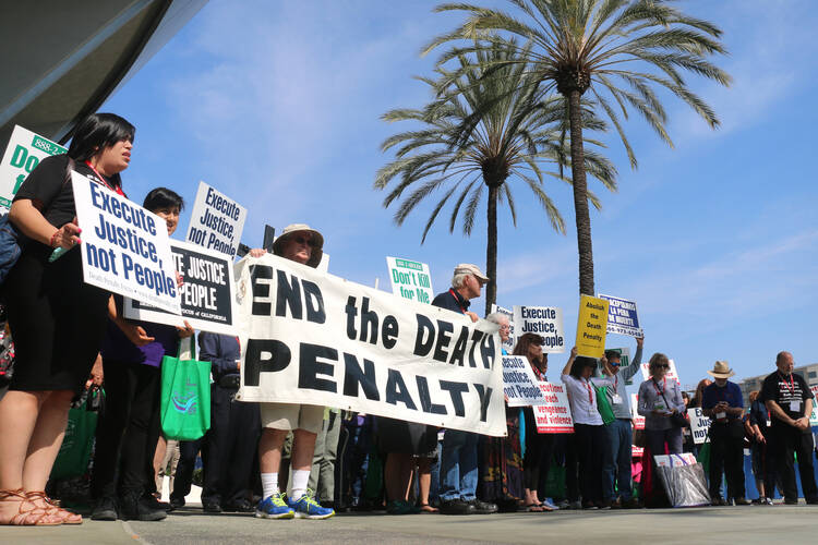 People gather in Anaheim, Calif., for a demonstration against the death penalty Feb. 27 as part of the Los Angeles Religious Education Congress. (CNS photo/J.D. Long-Garcia, The Tidings) 