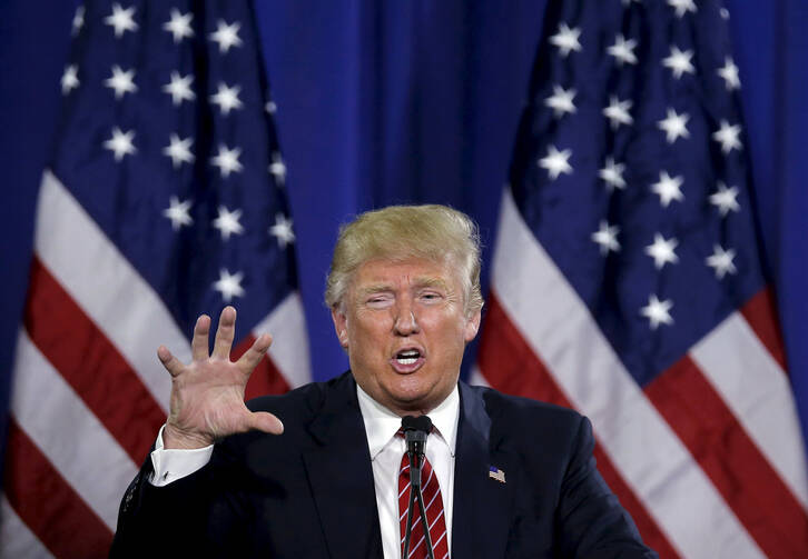 U.S. Republican presidential candidate Donald Trump speaks at a campaign rally in Cadillac, Mich., March 4. (CNS photo/Jim Young, Reuters) 