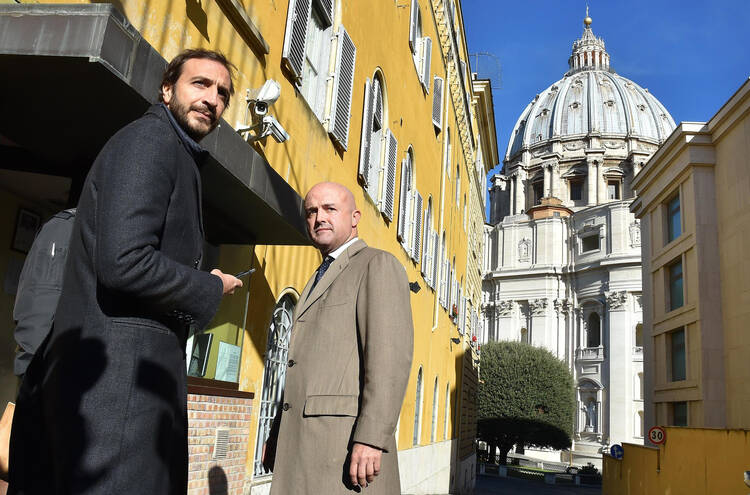  Italian journalists and authors Emiliano Fittipaldi and Gianluigi Nuzzi are seen at the Vatican in this Nov. 24, 2015, file photo. (CNS photo/Ettore Ferrari, EPA)