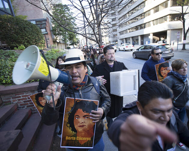 Activists march to the Inter-American Commission on Human Rights in Washington, D.C., in April 2016, calling for an independent investigation of the murder of environmental and indigenous rights activist Berta Cáceres. (CNS photo/Tyler Orsburn) 