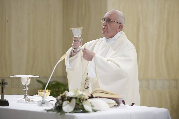 Pope Francis raises the Eucharist as he celebrates morning Mass in the chapel of the Domus Sanctae Marthae at the Vatican April 11. (CNS photo/L'Osservatore Romano, handout)