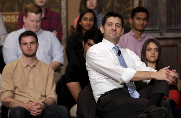 Paul Ryan, then the speaker of the U.S. House, attends a town hall meeting on April 27, 2016, at Georgetown University's Institute of Politics and Public Service, in Washington, D.C. (CNS photo/Yuri Gripas, Reuters)