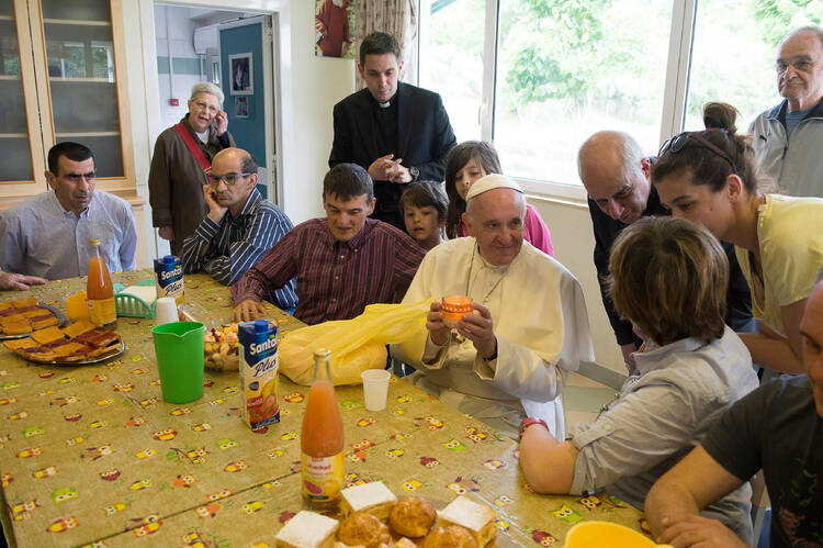 Pope Francis visits a L'Arche community in Ciampino, Italy, on May 13, 2016. (CNS photo/L'Osservatore Romano)